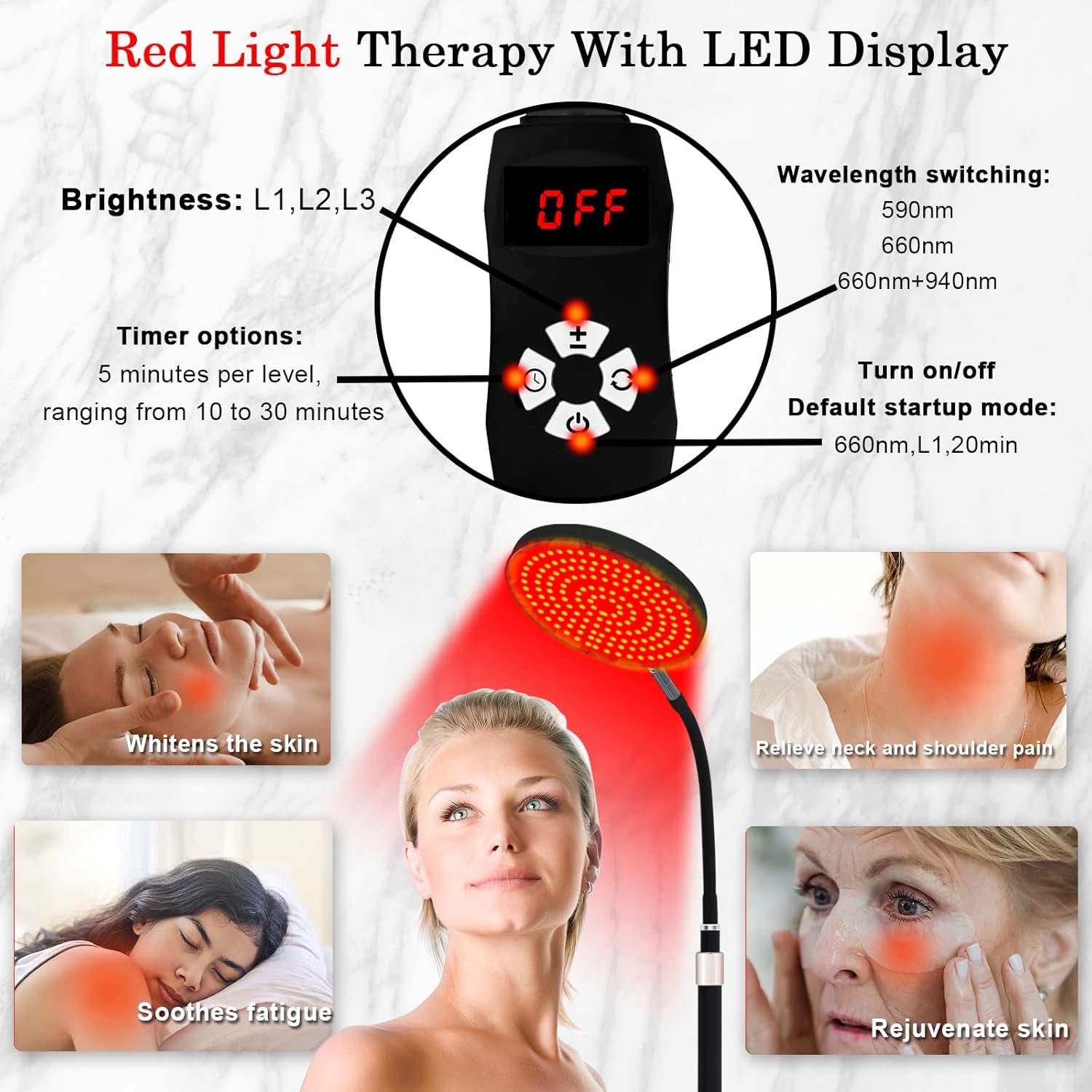 Red Light Therapy Lamp for Face- Facial and Body Treatment with Adjustable Height Stand, 120 Leds, 660Nm, 850Nm, 940Nm - Alleviate Muscle Soreness, Skin Vitalit