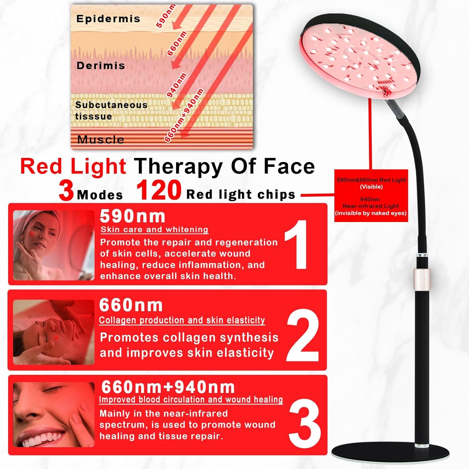 Red Light Therapy Lamp for Face- Facial and Body Treatment with Adjustable Height Stand, 120 Leds, 660Nm, 850Nm, 940Nm - Alleviate Muscle Soreness, Skin Vitalit